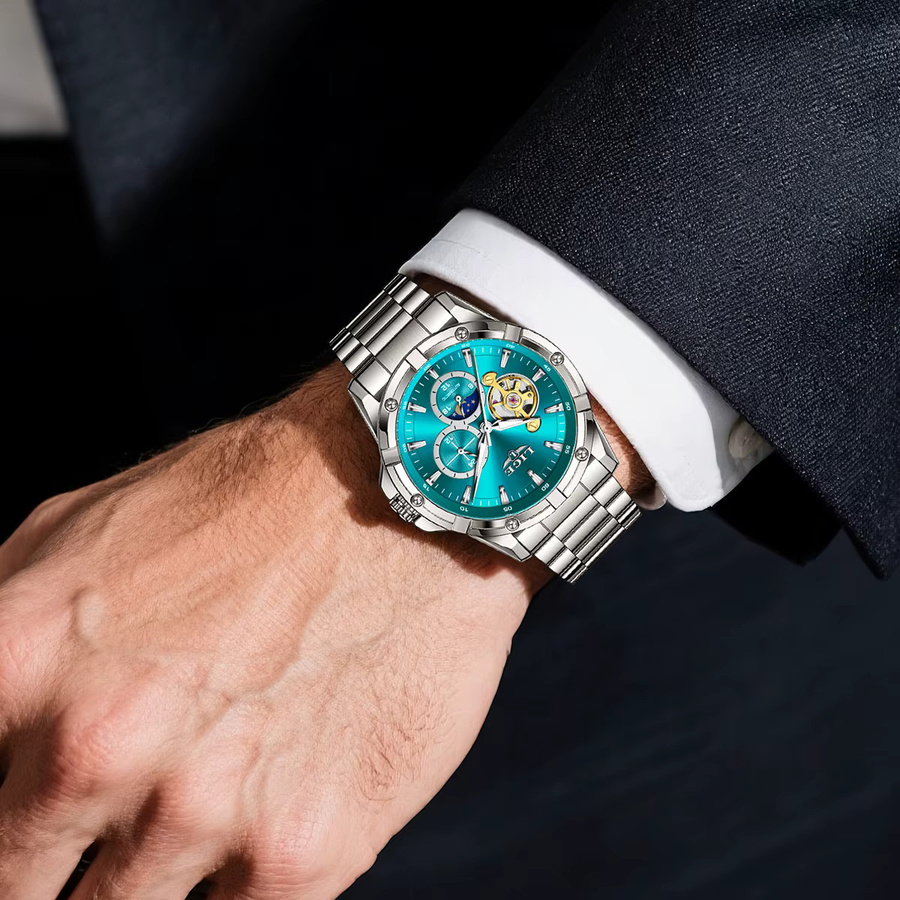 LIGE Chronograph, Automatik, Edelstahl, Blau, Herren - Bild 4