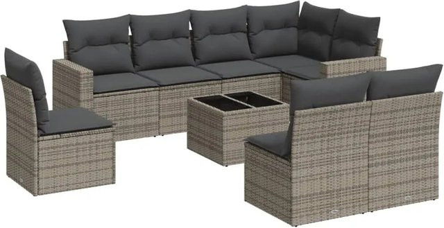 vidaXL 9-tlg. Garten-Sofagarnitur in L-Form aus grauem PE-Rattan mit Kissen und pulverbeschichtetem Stahlgestell - Bild 1