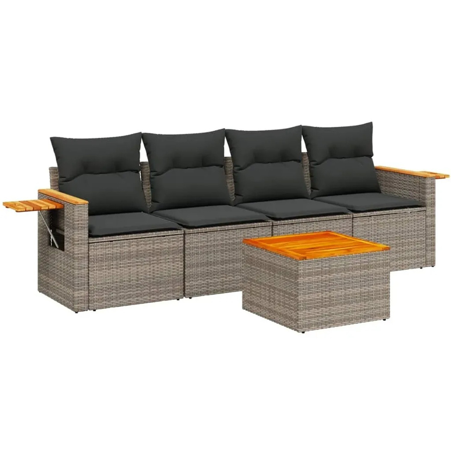 vidaXL 5-teilige Garten-Sofagarnitur aus Poly-Rattan und Akazienholz in Grau mit Kissen - Bild 2