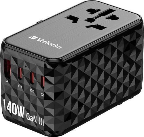 Verbatim UTA-10 GaN III Universal-Reiseadapter 140W in Schwarz mit 1x USB-A und 3x USB-C für Schnellladung - Bild 2