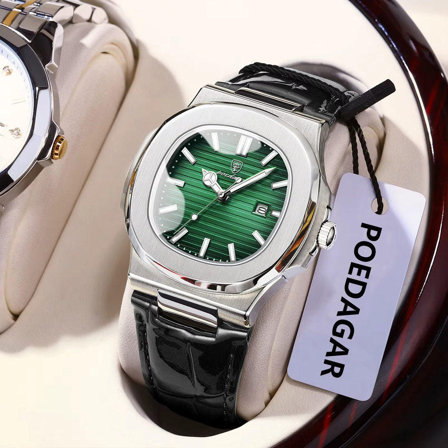 POEDAGAR Armbanduhr Quarz, Leder, Grün, Silber, Herren - Bild 2