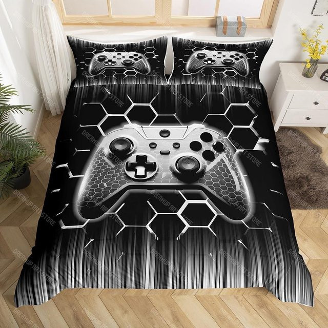 Lodestar Gamepad Bettwäsche-Set für Kinder, Blaues Geometrisches Wendebettwäsche-Set aus Mikrofaser, B/H: 140 x 210 cm - Bild 1
