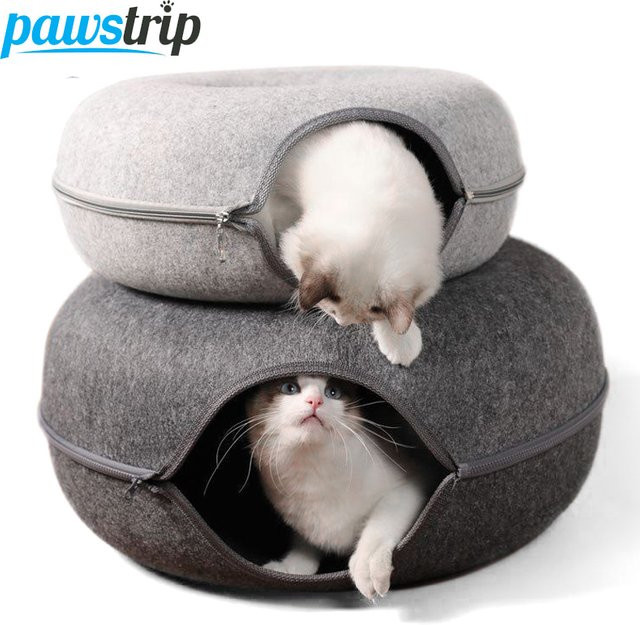 Pawstrip Donut-Katzenbett aus Filz in Grau als interaktives Katzenhaus und Spieltunnel für 2 Katzen - Bild 1
