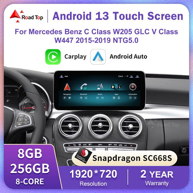 Road Top Android 13 Autoradio mit Touchscreen und GPS für Mercedes Benz W205 GLC C V-Klasse W447 GLA CLA 2015–2019 inklusive Carplay und Android Auto in Schwarz - Bild 1
