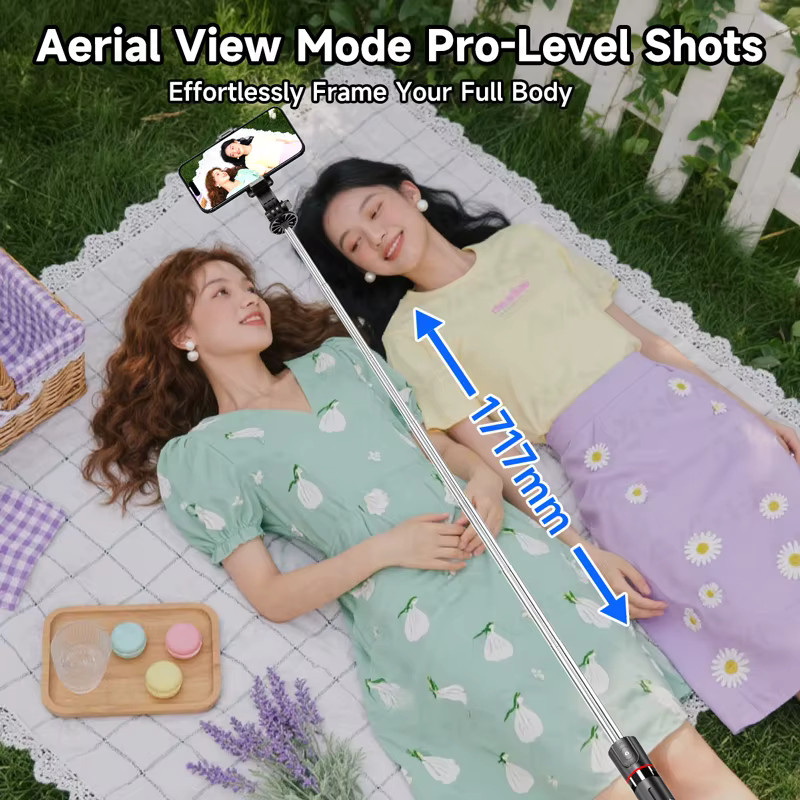 AXNEN F15 Ausziehbares Selfie-Stick-Stativ in Schwarz mit Bluetooth-Fernbedienung und 360 Grad Rotation sowie optionalem Rotationsfülllicht, Höhe: 171,7 cm - Bild 2