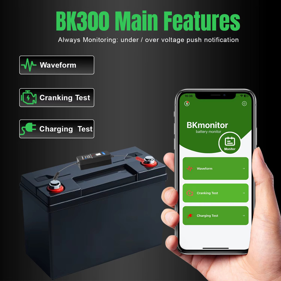 Konnwei BK300 Bluetooth Batterie Monitor für 12V und 24V, Wellenform Batterie Tester in Schwarz - Bild 5