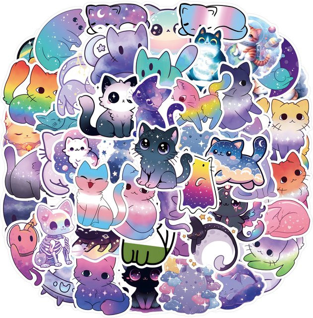 55 Stück wasserfeste Cartoon Katzen Aufkleber mit Regenbogen und Sternenhimmel in Multicolour für DIY Scrapbooking und Schreibwaren - Bild 1