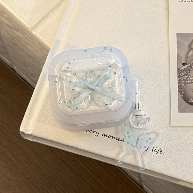 Apple AirPods Softcase mit blauem koreanischem Blumenmuster und 3D-Schmetterlings-Bowknot für AirPods Pro, AirPods 4, 3, 2, 1 inklusive Schlüsselanhänger - Bild 1