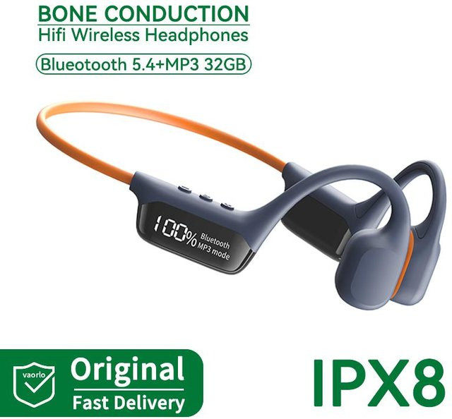 VAORLO Knochenleitungs-Kopfhörer mit Bluetooth 5.4, IPX8 wasserdicht, kabelloses Schwimm-Headset mit MP3-Player, Blau - Bild 1