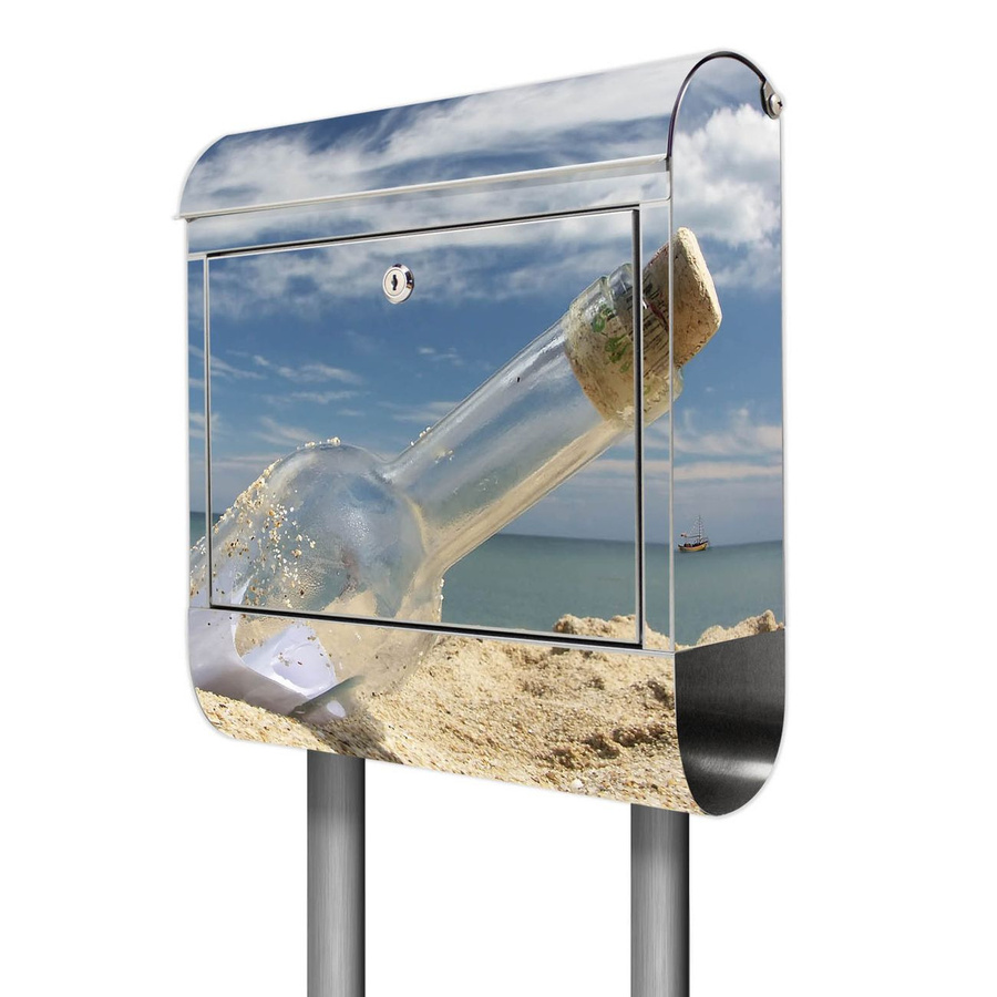Banjado Edelstahl Standbriefkasten personalisiert mit Motiv Flaschenpost, Farbe: Multicolour, H x B x T: 161,5 x 38 x 14 cm - Bild 1