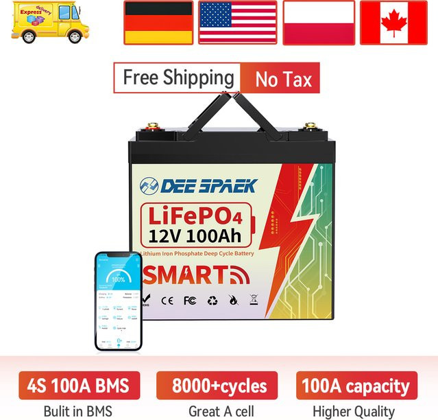 DEEPSPAEK 12V 100Ah LiFePO4 Batteriepack mit Bluetooth BMS 100A für Solar, Boot, Wohnmobil und Camping - Bild 1