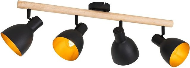 QAZQA Deckenleuchte Flint im rustikalen Design, 4-flammig, Schwarz mit Holz und Gold/Messing, dimmbar - Bild 1