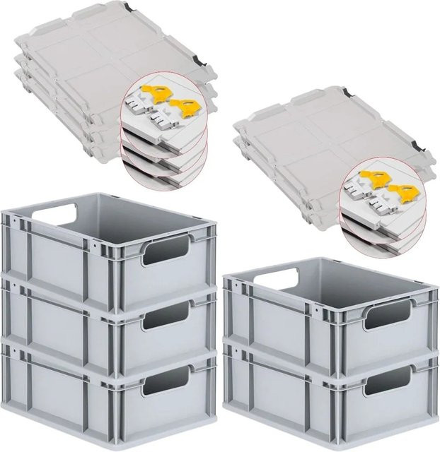 PROREGAL Spar Set 5x Eurobox Nextgen Economy mit Scharnierdeckel und gelben Schiebeschnappverschlüssen, Grau/Gelb, H x B x T: 17 x 30 x 40 cm - Bild 1