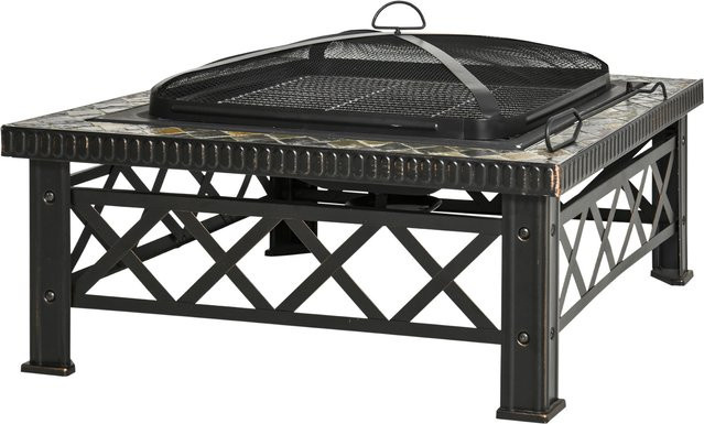 Outsunny 3-in-1 Feuerschale Schwarz mit Funkenschutz, Grillrost und Eiskübel, B/T/H: 76 x 76 x 47 cm - Bild 1