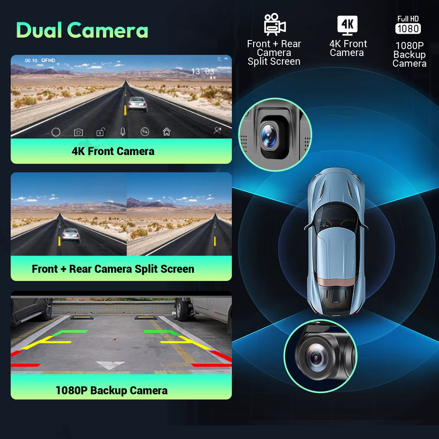 ESSGOO 4K Dual-Lens Dashcam mit 10,26 Zoll Touchscreen, kabelloses Apple CarPlay und Android Auto, Videorecorder in Schwarz - Bild 6