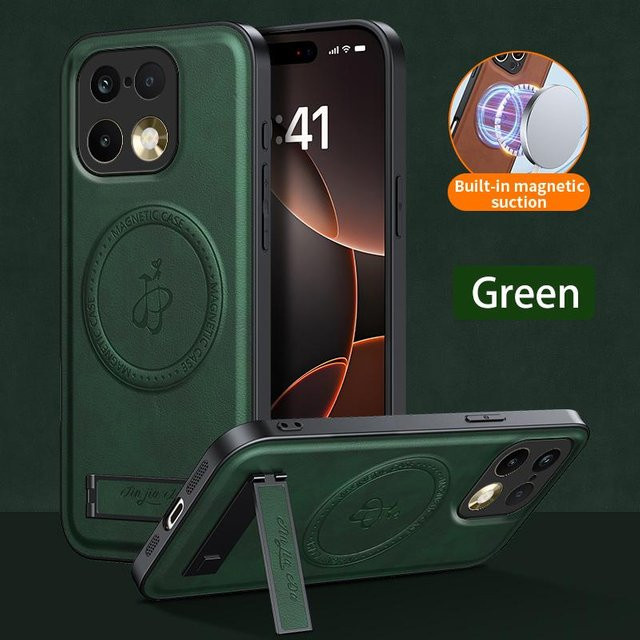 Magnetische Leder-Standhülle für Realme 16 Pro+ in Grün, stoßfeste Schutzhülle mit Standfunktion - Bild 1