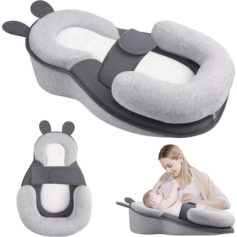 Multifunktionales Baby-Stillkissen in C-Form mit verstellbarem Sicherheitsgurt für Neugeborene, Grau - Bild 1