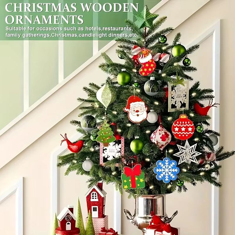 DUTRIEUX Weihnachtsschmuck aus Holz Set mit Socken, Glocken und Schneeflocken, 80 Stück inklusive 20 m Juteseil zur DIY Hängedekoration - Bild 4