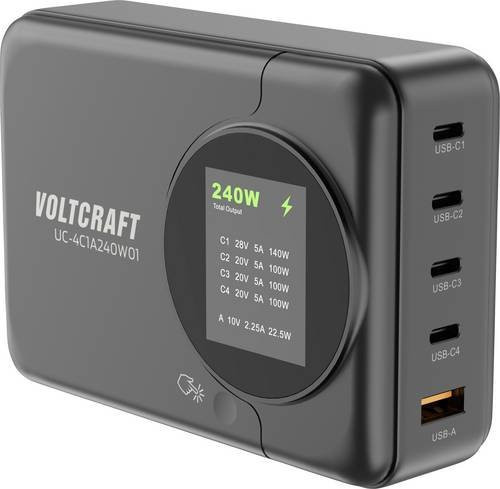 VOLTCRAFT USB Ladegerät 240W mit 4x USB-C und 1x USB-A, USB Power Delivery PD 3.0, GaN-Technologie, Schwarz - Bild 1