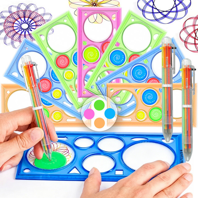 XJM Spirographie-Set mit 2/4-teiligem Mandala-Lineal und 6 farbigen Stiften für geometrische Muster, Grün/Mehrfarbig - Bild 1