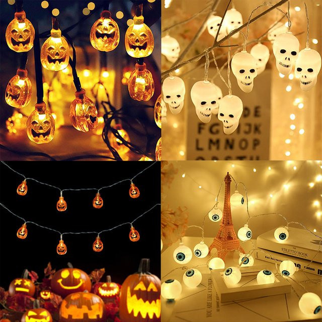 Halloween LED Lichterkette mit 10 Motiven wie Kürbis, Spinne, Fledermaus, Schädel und Geist für Indoor und Outdoor Dekoration, Länge: 1,5 m - Bild 1