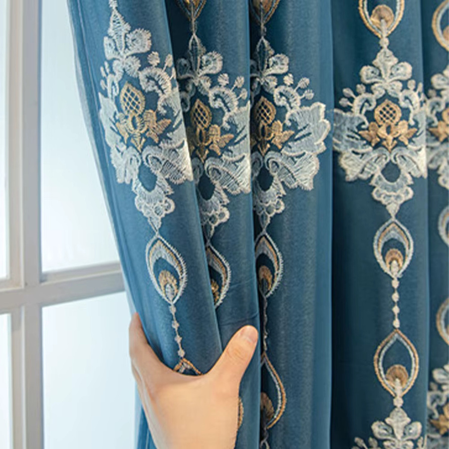 CENTURyMiG Vorhang mit floraler Stickerei im modernen koreanischen Bauernhaus-Stil, blau, lichtundurchlässig, B: 100 cm, H: 200 cm - Bild 3