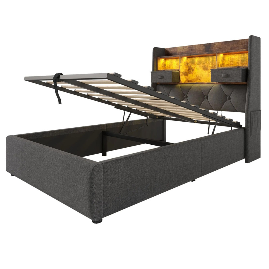 Merax Polsterbett in Grau mit LED-Unterbettbeleuchtung, USB-C Ladeport und Stauraum, B/T/H: 90 x 200 x 113 cm - Bild 2