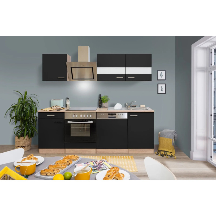 Respekta Economy Küchenzeile KB220ESSSC in Schwarz-Eiche Sägerau Glänzend mit Glastüren und Soft-Close-Funktion, Breite: 220 cm, Tiefe: 60 cm - Bild 2