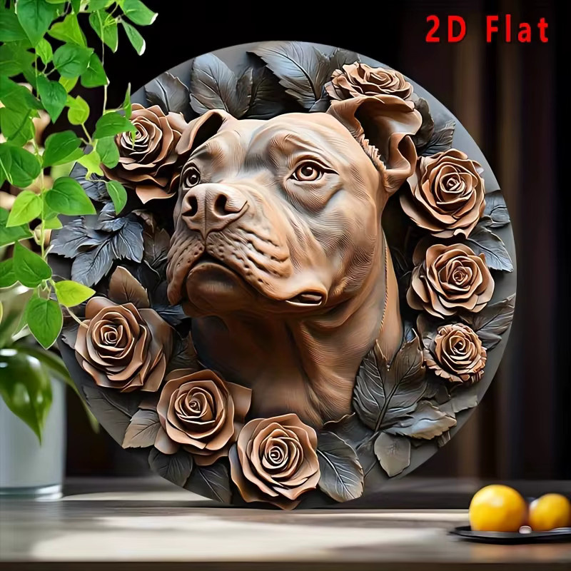 Potdemiel Wandkunst Pitbull mit Rosen, runde Metall-Dekoration für den Tisch, Durchmesser: 20 cm - Bild 4