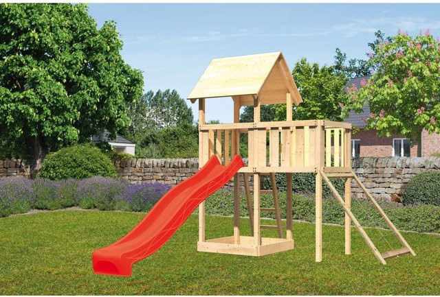 Karibu Spielturm Lotti mit Anbauplattform, Netzrampe und Rutsche in Rot - Bild 1