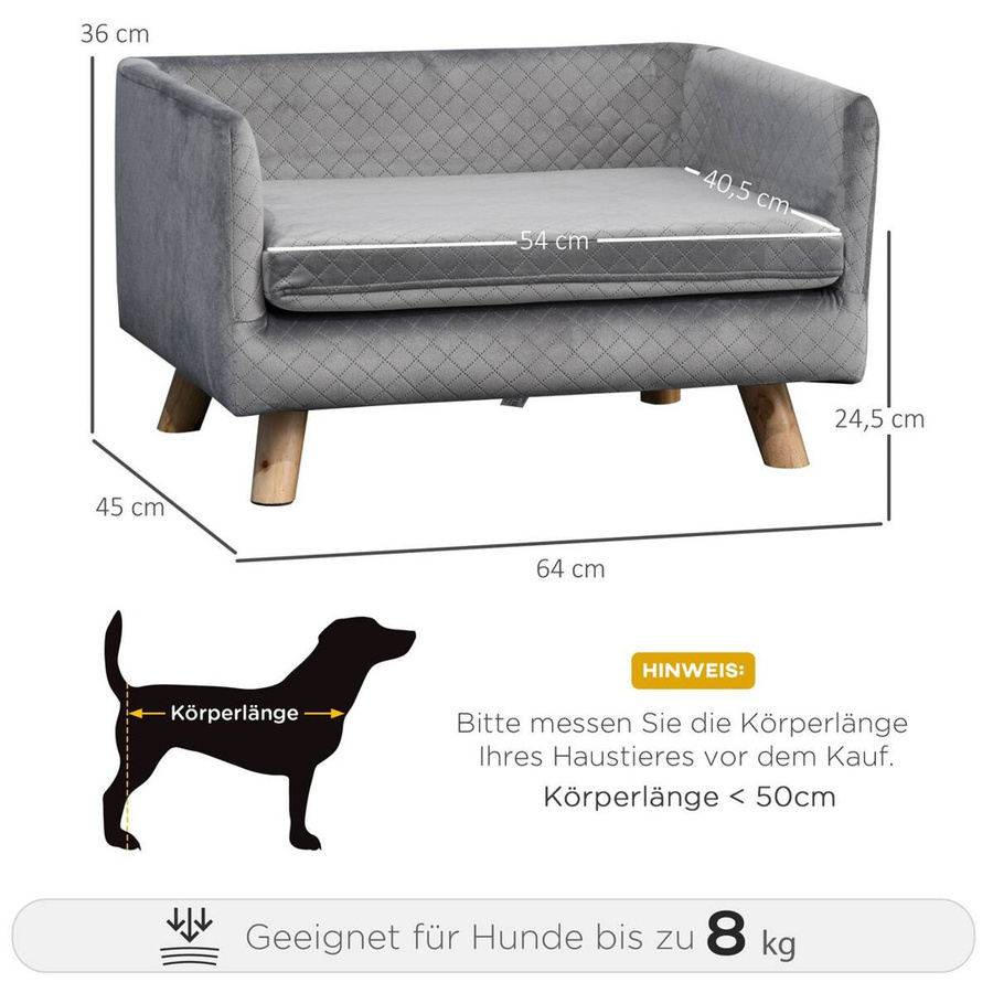 PawHut Hundesofa in Grau mit Samt-Touch und Birkenholzbeinen im skandinavischen Design, B/T/H: 64 x 45 x 36 cm - Bild 4