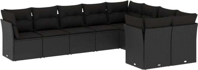 vidaXL 9-tlg. Garten-Sofagarnitur in L-Form aus Polyrattan mit Kissen, Schwarz - Bild 1