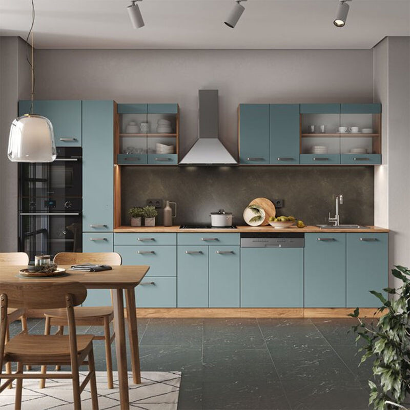 Vicco Küchenzeile R-Line in Blau-Grau und Eiche Natur mit Hochschrank und Marmor-Optik, Breite: 350 cm - Bild 1