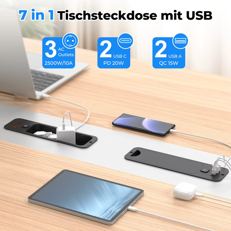 HITRENDS 7-in-1 Einbau-Desktop-Steckdose in Schwarz mit 3 AC-Anschlüssen und USB-C PD20W Schnellladung - Bild 2