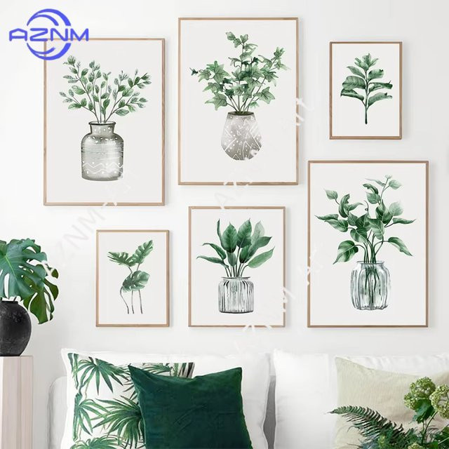 AZNM Leinwandbilder Set mit tropischen Blättern und botanischen Illustrationen in Grün für deine Wohnzimmerdekoration - Bild 1