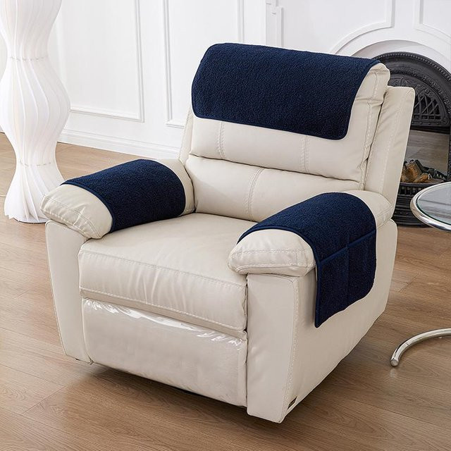 3er-Set dehnbarer Fleece Sofa-Armlehnenbezug mit Taschen und Kopfstütztuch, rutschfest, Blau - Bild 1