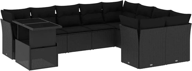 vidaXL 10-tlg. Garten-Sofagarnitur aus Poly-Rattan in Schwarz mit Kissen und Gartentisch - Bild 1