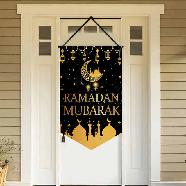 VIKAMA Eid Al-Fitr Banner aus Oxford-Stoff in Schwarz mit Mond-Motiv zur Veranda-Dekoration und für deine Eid-Feierlichkeiten - Bild 1