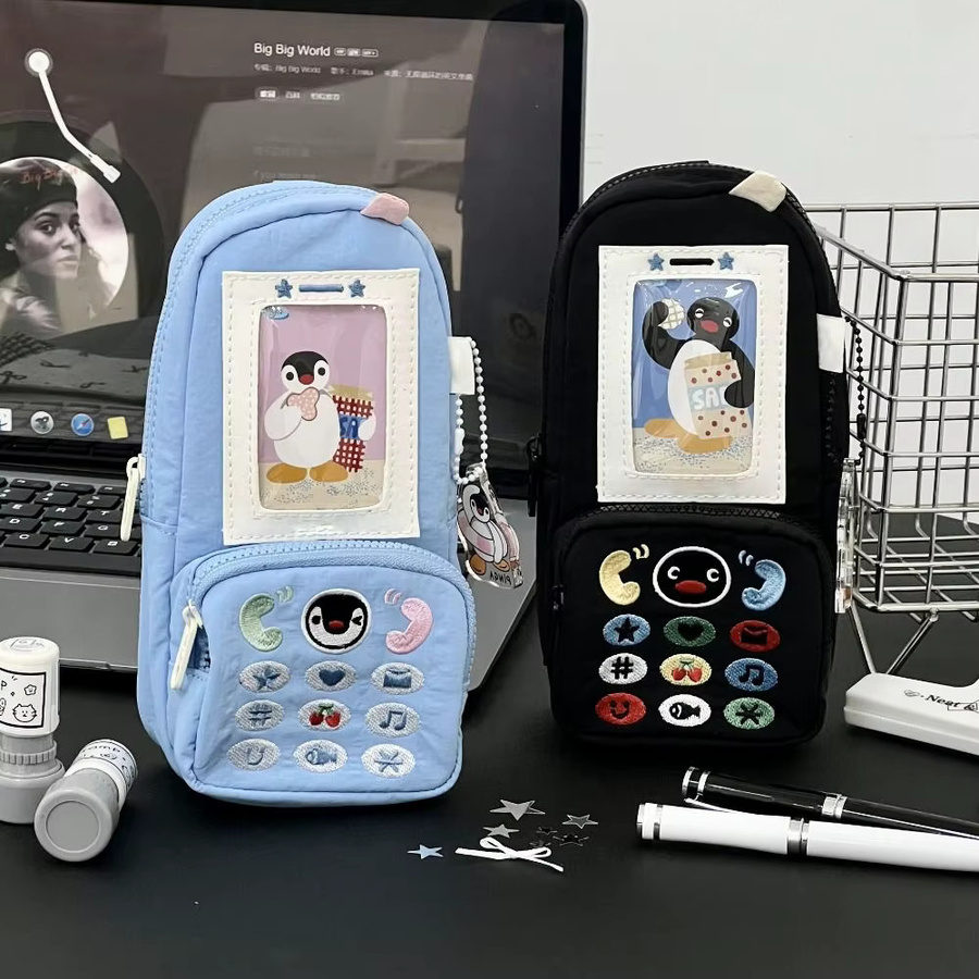 Schreibwarentasche aus Leinwand mit Pinguin-Stickerei in Schwarz mit großem Fassungsvermögen und Telefonform - Bild 2