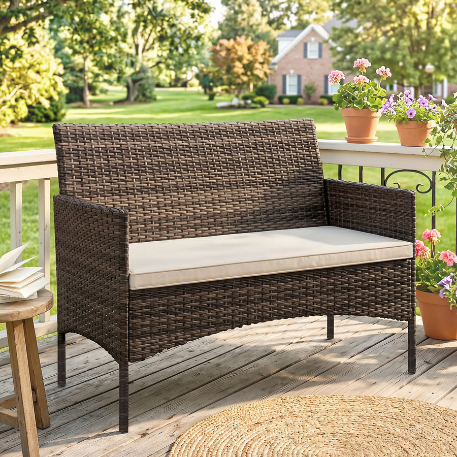 Outsunny Gartensofa 2-Sitzer aus Poly Rattan mit Kissen in Khaki und Braun - Bild 2
