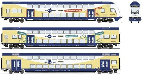 Roco 3er-Set Doppelstockwagen der metronom 2. Klasse DBpza, DBdpza und Steuerwagen im Maßstab H0 - Bild 1