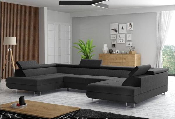 M-Punkt Wohnlandschaft in U-Form als Schlafsofa mit Bettfunktion, Bettkasten und Kopfteilverstellung in Schwarz aus Webstoff