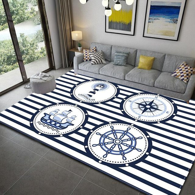 Lodestar Bereichsteppich Marineblau Gestreift mit Ozean-Motiv, rutschfest und waschbar, B/T: 60 x 40 cm - Bild 1