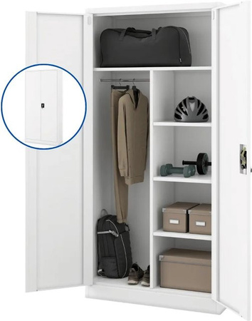 DELUKE Mehrzweckschrank aus Metall in Weiß, abschließbarer Vorrats- und Putzschrank mit Regalböden und Kleiderstange, H x B x T: 185 x 90 x 45 cm
