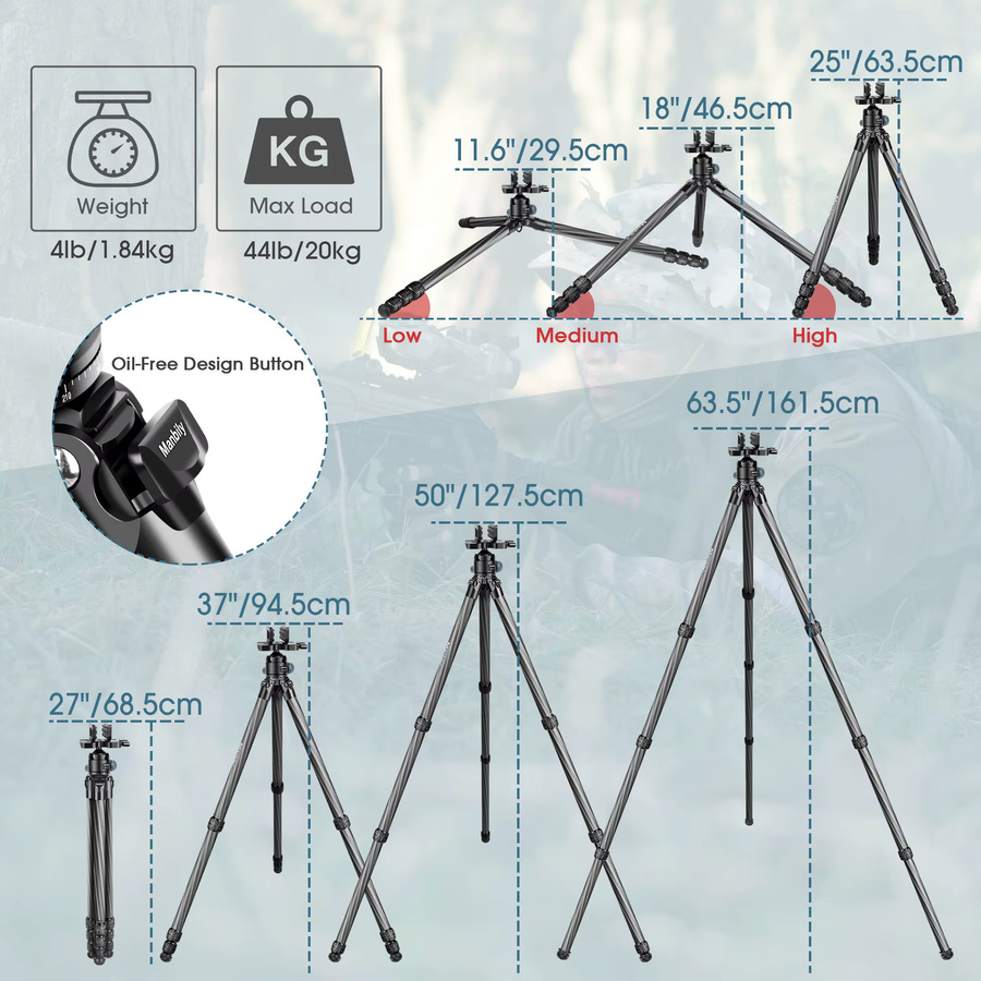 Manbily Carbonfaser-Jagdstativ mit 44mm Kugelkopf in Schwarz, Höhe: 63,5 Zoll, Modell WZ-324+BH-U3 - Bild 3