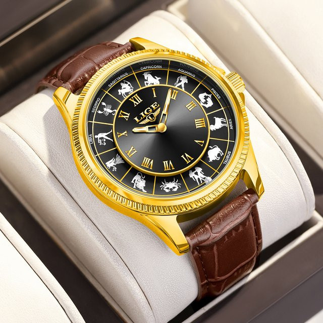 LIGE Armbanduhr, Quarz, Edelstahl, Gold, Kautschuk, Herren, Schwarz - Bild 1