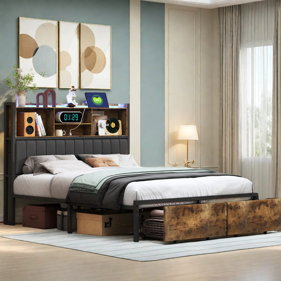 Superaly Gepolstertes Doppelbett mit LED-Beleuchtung, USB-Ladefunktion und Schubladen, B/T: 140 x 200 cm, PU-Leder - Bild 3