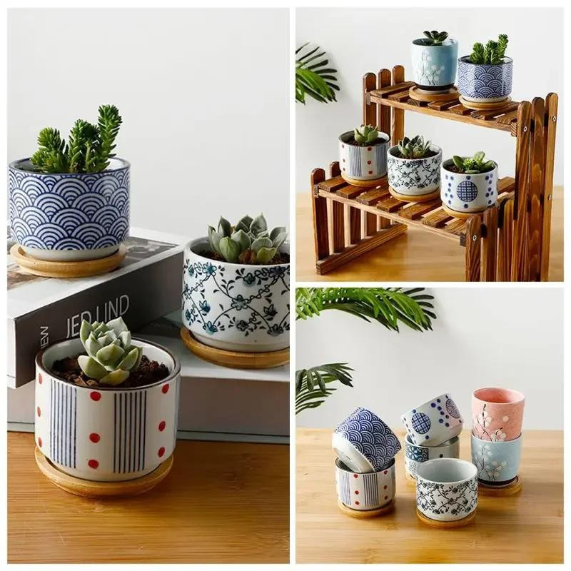 Japanischer Stil Blumentopf aus Keramik mit Bambusuntersetzer für Sukkulenten und Bonsai von Household supplies MH - Bild 2