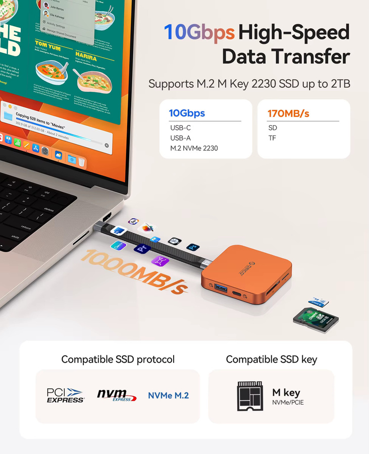 ORICO Magnetisches M.2 2230 NVMe SSD-Gehäuse und USB-C Dockingstation mit HDMI 4K60HZ, SD/TF-Slot und 100W PD Ladegerät - Bild 3