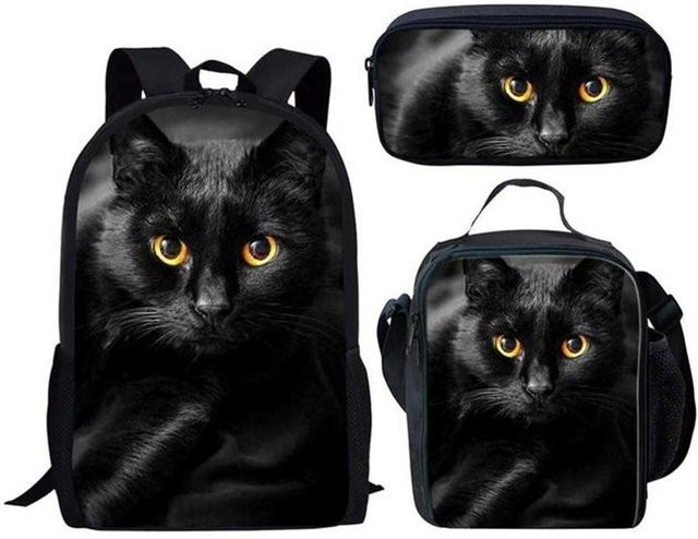 Fancy Style Studio 3er-Set Katze Rucksack, Lunchtasche und Federmäppchen in Schwarz mit 3D-Druck-Design für Unisex - Bild 1